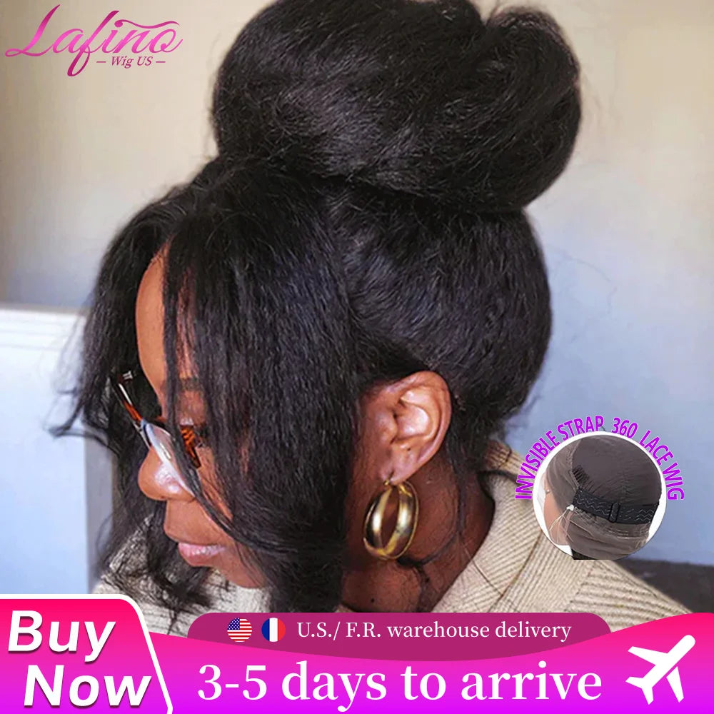 Lafino Wig 250 Density Kinky Straight 360 Lace Front Wig Human Hair invisi strap Yaki Straight V Part Wig Human Hair Brazilian